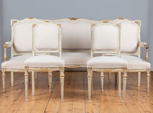19th Century French Painted and Parcel-gilt Upholstered Salon Suite / Armchairs /Sofa