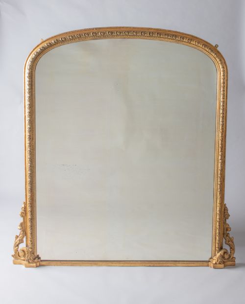 Large English Victorian Gilt Archtop Overmantle Mirror