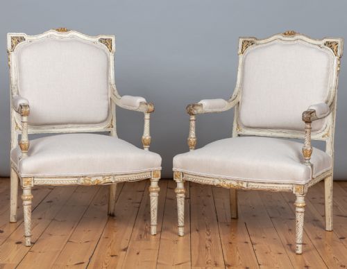 Pair of 19th Century French Painted and Parcel - Gilt Upholstered Armchairs