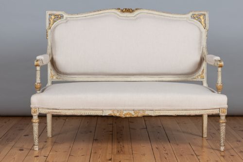 19th Century French Painted and Parcel-gilt Upholstered Sofa.