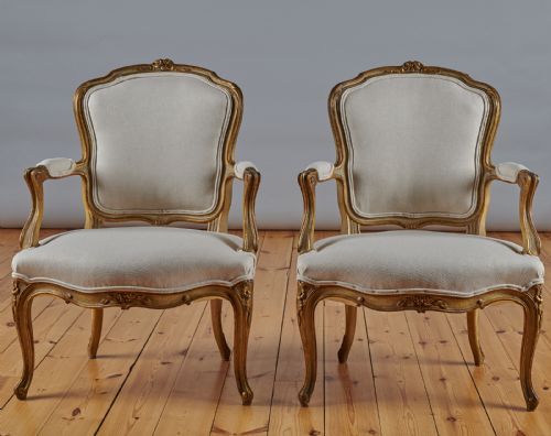 Pair of French Louis Xv Style Painted and Gilt Armchairs