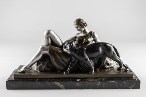 A Stunning French Art Deco Bronze and Silvered Sculpture, Signed A.ouline. Lady and Panther