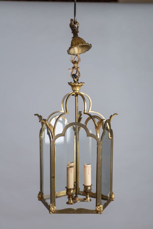 Large French Brass and Glass Three Light Hall Lantern