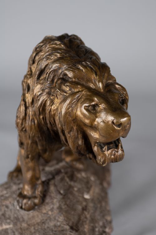 A STUNNING LARGE FRENCH BRONZE SCULPTURE OF A ROARING LION SIGNED BY LE COURTIER SET ON A MARBLE BASE - ADDITIONAL PHOTO 6