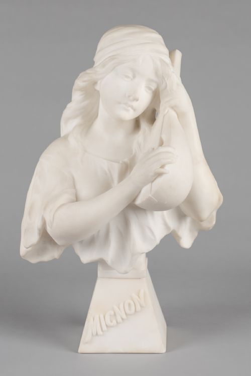 A LARGE FRENCH CARVED ALABASTER SCULPTURE OF A FEMALE PLAYING A LYRE TITLED MIGNON SIGNED RLUSILI - ADDITIONAL PHOTO 1