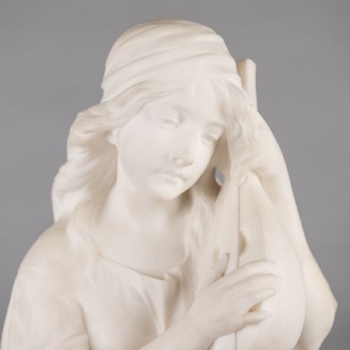 A LARGE FRENCH CARVED ALABASTER SCULPTURE OF A FEMALE PLAYING A LYRE TITLED MIGNON SIGNED RLUSILI - ADDITIONAL PHOTO 2