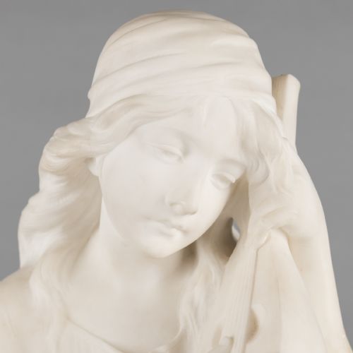 A LARGE FRENCH CARVED ALABASTER SCULPTURE OF A FEMALE PLAYING A LYRE TITLED MIGNON SIGNED RLUSILI - ADDITIONAL PHOTO 5