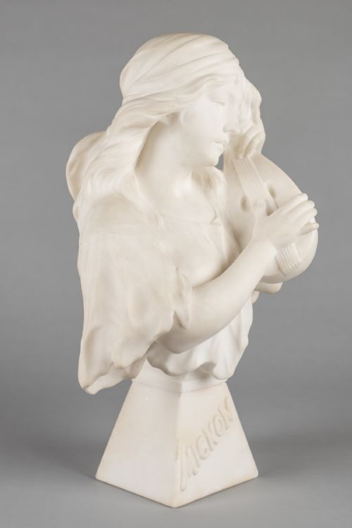 A LARGE FRENCH CARVED ALABASTER SCULPTURE OF A FEMALE PLAYING A LYRE TITLED MIGNON SIGNED RLUSILI - ADDITIONAL PHOTO 6