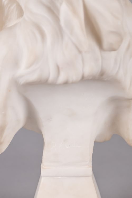 A LARGE FRENCH CARVED ALABASTER SCULPTURE OF A FEMALE PLAYING A LYRE TITLED MIGNON SIGNED RLUSILI - ADDITIONAL PHOTO 10