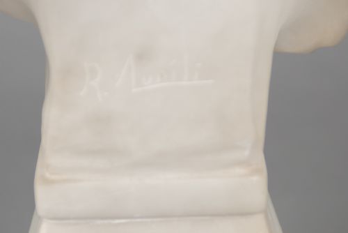 A LARGE FRENCH CARVED ALABASTER SCULPTURE OF A FEMALE PLAYING A LYRE TITLED MIGNON SIGNED RLUSILI - ADDITIONAL PHOTO 11