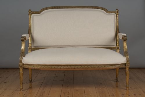 A Large 19th Century French Louis Xv1 Style Gilt Upholstered Sofa.