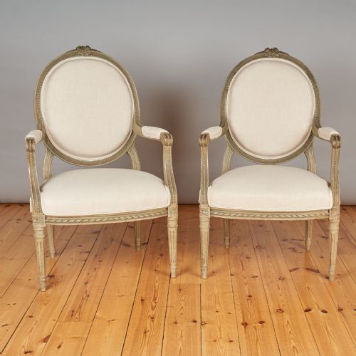 A Pair of Large French Louis Xvi Style Painted Upholstered Armchairs.