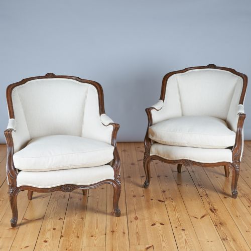 Pair of Large French Louis Xv Style Walnut Bergere Armchairs.