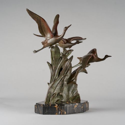 fig 1. Large Art Deco French Spelter sculpture Birds In Flight Signed ROCHARD