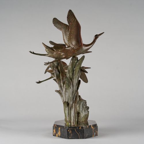 fig 2. Large Art Deco French Spelter sculpture Birds In Flight Signed ROCHARD