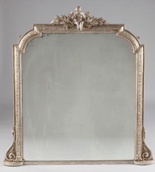 Large 19th Century English Victorian Silvered Overmantle Mirror with Cherub Decoration