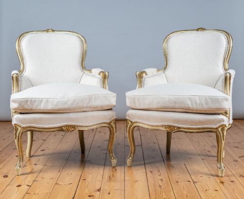 Pair of Large French Louis Xv Style Painted and Parcel - Gilt Bergere Armchairs