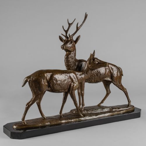 FRENCH ART DECO BRONZE SCULPTURE OF A STAG AND DOE SIGNED I ROCHARD - ADDITIONAL PHOTO 1