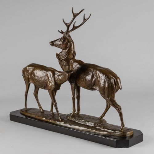 FRENCH ART DECO BRONZE SCULPTURE OF A STAG AND DOE SIGNED I ROCHARD - ADDITIONAL PHOTO 2