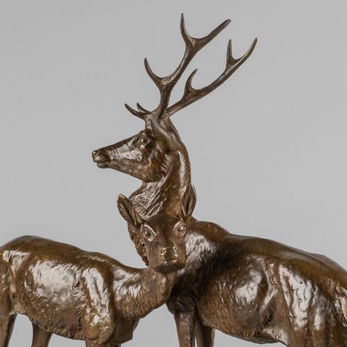 FRENCH ART DECO BRONZE SCULPTURE OF A STAG AND DOE SIGNED I ROCHARD - ADDITIONAL PHOTO 3
