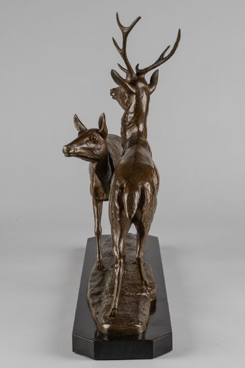 FRENCH ART DECO BRONZE SCULPTURE OF A STAG AND DOE SIGNED I ROCHARD - ADDITIONAL PHOTO 4