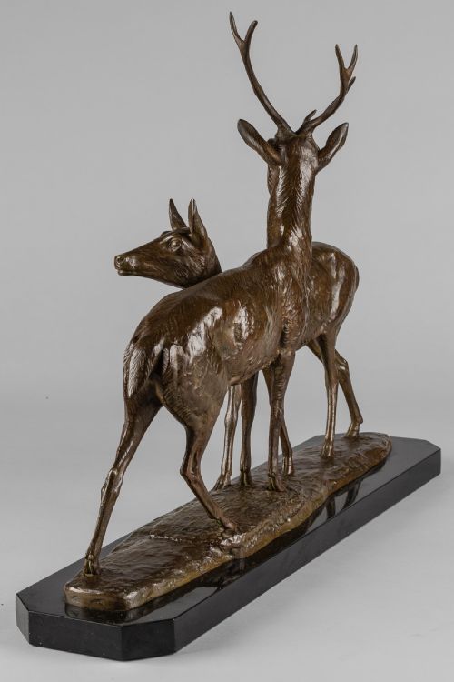 FRENCH ART DECO BRONZE SCULPTURE OF A STAG AND DOE SIGNED I ROCHARD - ADDITIONAL PHOTO 5