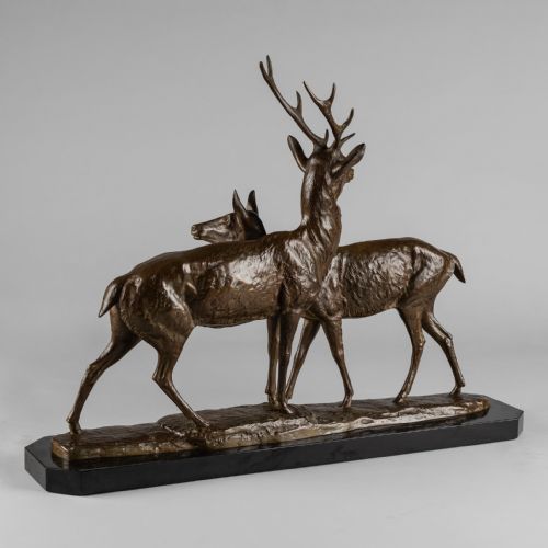 FRENCH ART DECO BRONZE SCULPTURE OF A STAG AND DOE SIGNED I ROCHARD - ADDITIONAL PHOTO 6