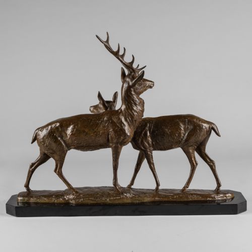 FRENCH ART DECO BRONZE SCULPTURE OF A STAG AND DOE SIGNED I ROCHARD - ADDITIONAL PHOTO 7