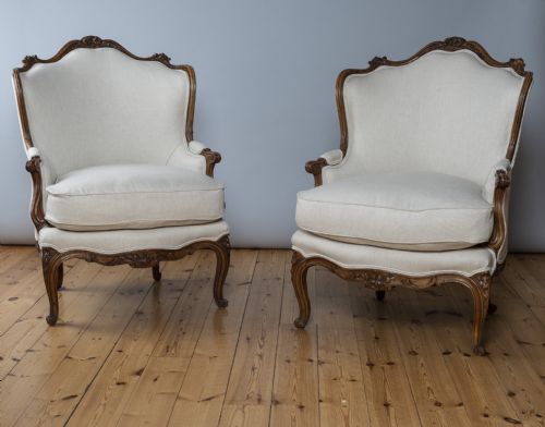 Pair of Large French Louis Xv Style Carved Walnut Upholstered Bergere Armchairs