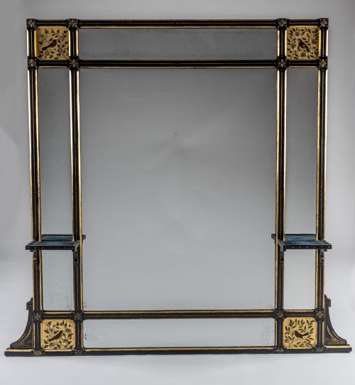 Stunning Large 19th Century English Ebonized and Gilt Overmantle Mirror