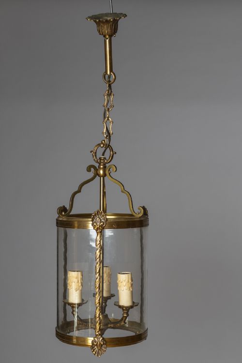 Large French Brass Three Light Lantern with Chain and Ceiling Rose