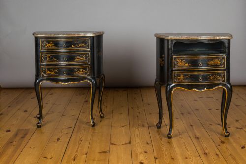 Pair of Large French Ebonised and Parcel Gilt Marble Top Cabinets