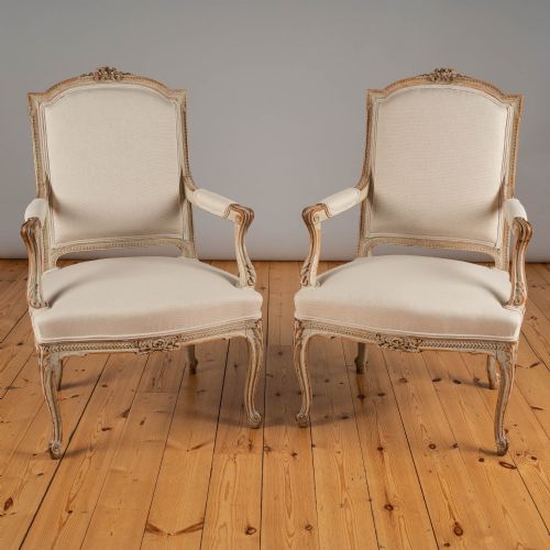Large Pair of French Painted Upholstered Armchairs