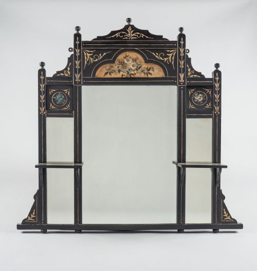 Large 19th Century Victorian English Ebonised and Painted Gilt Overmantle Mirror