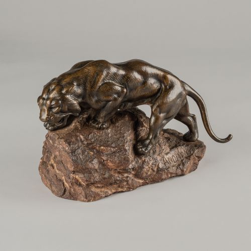 LARGE FRENCH BRONZE SCULPTURE OF A TIGER SET ON A CARVED MARBLE BASE SIGNED ANDREY - ADDITIONAL PHOTO 1