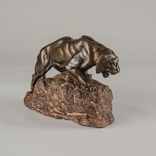 LARGE FRENCH BRONZE SCULPTURE OF A TIGER SET ON A CARVED MARBLE BASE SIGNED ANDREY - ADDITIONAL PHOTO 2
