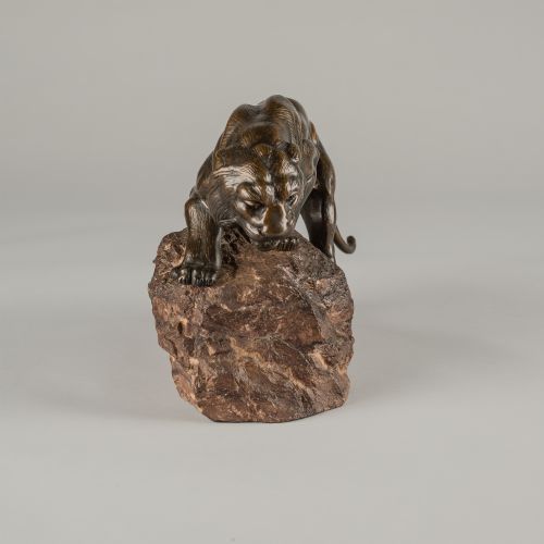 LARGE FRENCH BRONZE SCULPTURE OF A TIGER SET ON A CARVED MARBLE BASE SIGNED ANDREY - ADDITIONAL PHOTO 3