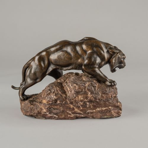 LARGE FRENCH BRONZE SCULPTURE OF A TIGER SET ON A CARVED MARBLE BASE SIGNED ANDREY - ADDITIONAL PHOTO 4
