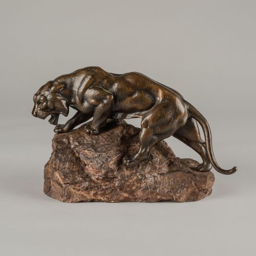 LARGE FRENCH BRONZE SCULPTURE OF A TIGER SET ON A CARVED MARBLE BASE SIGNED ANDREY - ADDITIONAL PHOTO 7