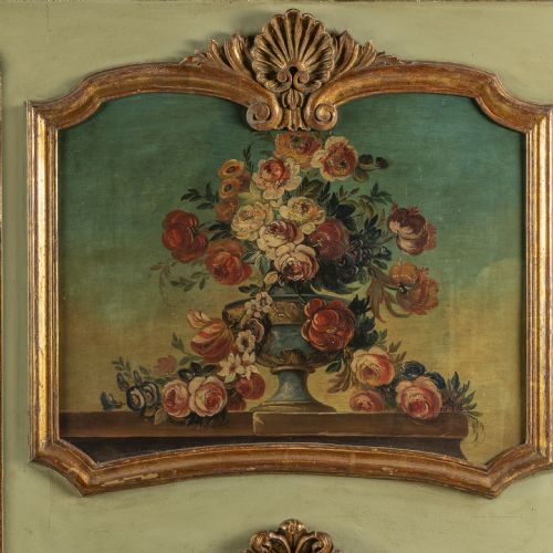 LARGE 19TH CENTURY FRENCH PAINTED AND GILT TRUMEAU OVERMANTLE MIRROR - ADDITIONAL PHOTO 1
