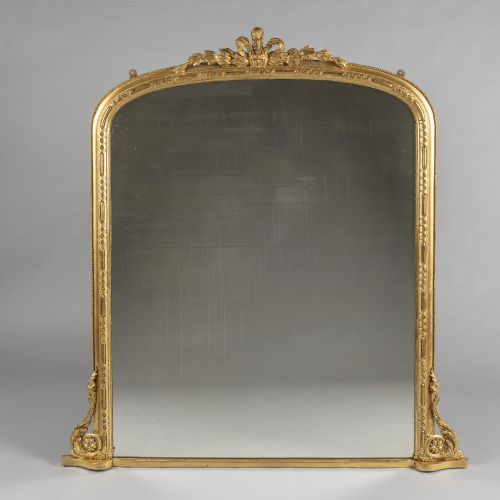 Large 19th Century Victorian English Gilt Archtop Overmantle Mirror with Prince of Wales Feather Plume Surmount