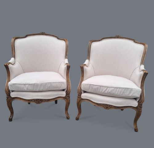 Pair of Large French Louis Xv Style Carved Walnut Armchairs