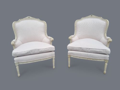 Pair of Large French Painted Louis Xv Style Carved Bergere Upholstered Armchairs