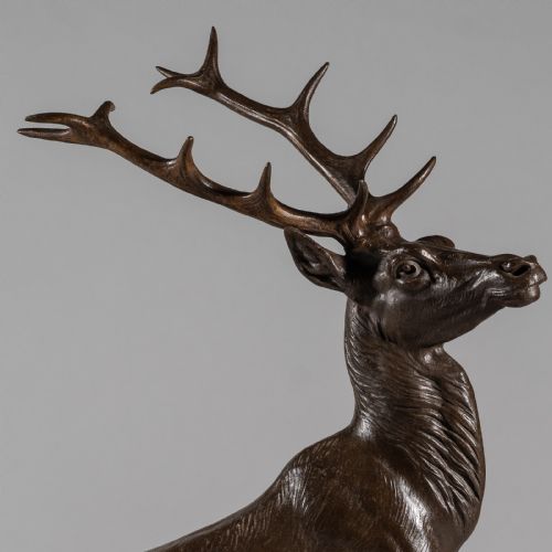 LARGE FRENCH ART DECO SCULPTURE OF A SPELTER STAG SET ON A MARBLE AND ONYX BASE - ADDITIONAL PHOTO 1