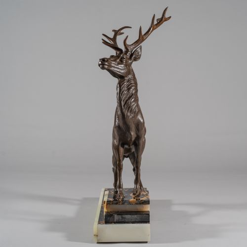 LARGE FRENCH ART DECO SCULPTURE OF A SPELTER STAG SET ON A MARBLE AND ONYX BASE - ADDITIONAL PHOTO 4