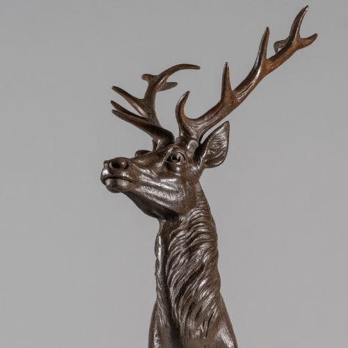 LARGE FRENCH ART DECO SCULPTURE OF A SPELTER STAG SET ON A MARBLE AND ONYX BASE - ADDITIONAL PHOTO 5