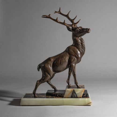 LARGE FRENCH ART DECO SCULPTURE OF A SPELTER STAG SET ON A MARBLE AND ONYX BASE - ADDITIONAL PHOTO 11