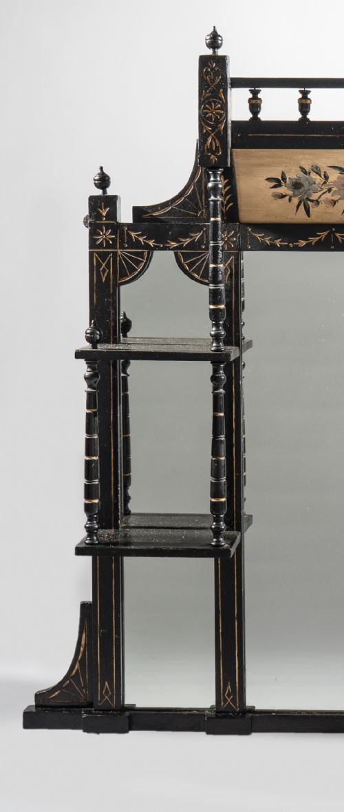 A STUNNING LARGE VICTORIAN AESTHETIC PERIOD EBONISED AND PARCEL GILT OVERMANTLE MIRROR - ADDITIONAL PHOTO 6
