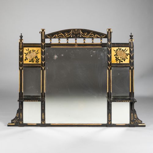 LARGE VICTORIAN AESTHETIC PERIOD EBONISED AND PARCEL GILT OVERMANTLE MIRROR