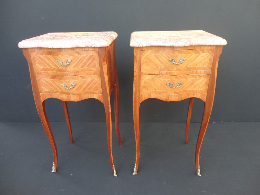 Pair Of French Walnut Inlay Marble Top Bedside Cabinets